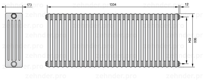 Схема (чертеж) Радиатор Zehnder Charleston 5090/29 №7610 Белый глянцевый RAL 9016